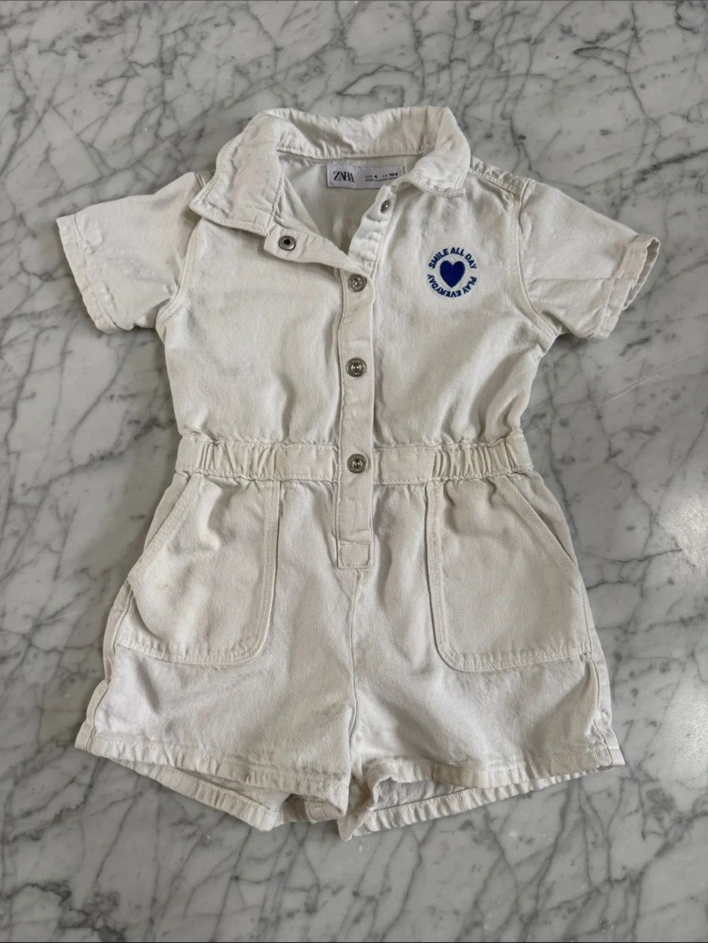 Zara Kids Denim Short Romper with Heart Logo Sz 4T